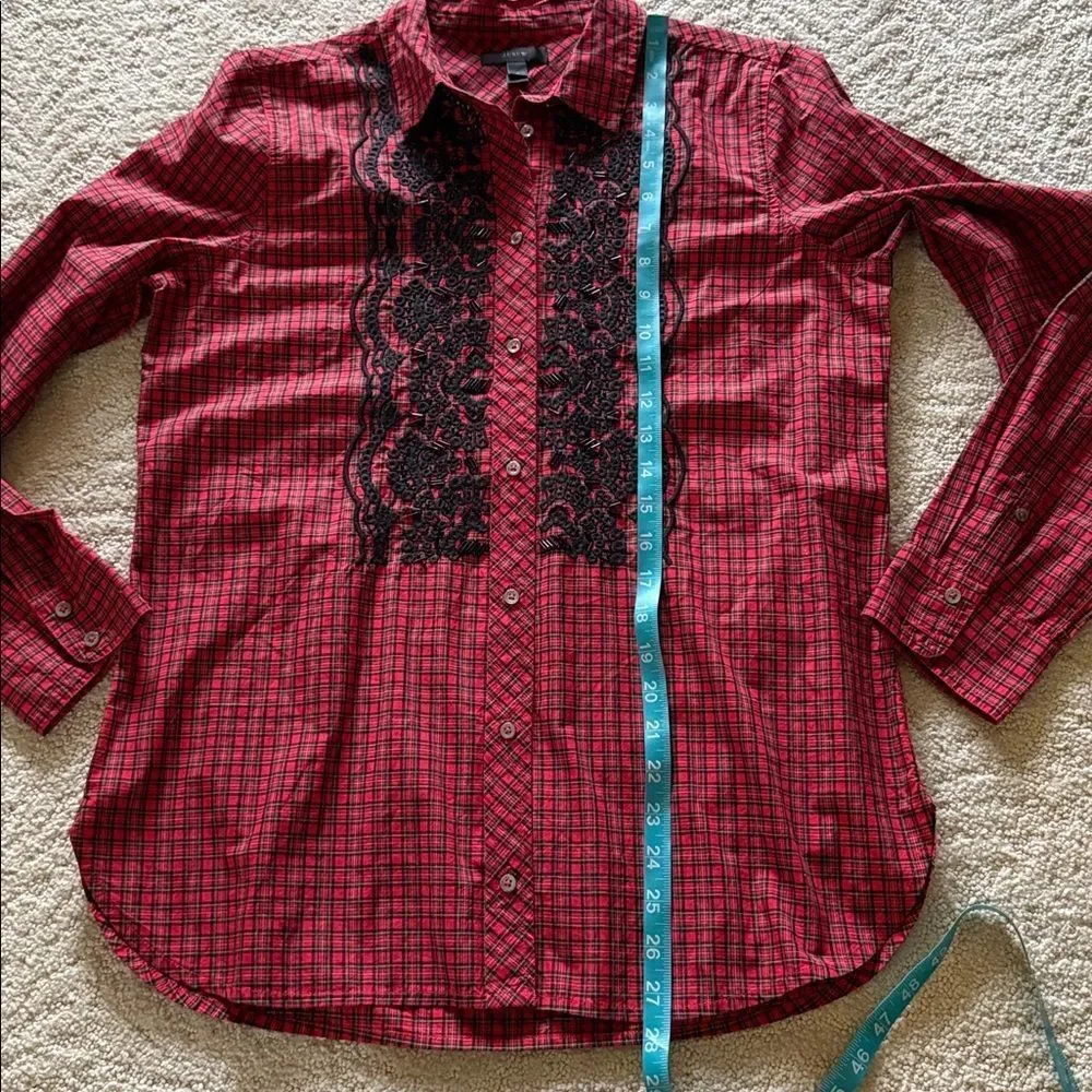 J. Crew Red and Black Plaid Shirt with Beaded Embroidery Size 8